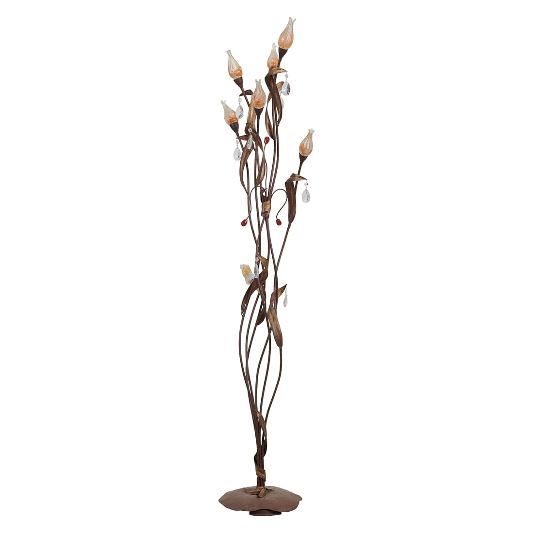 Patinated Metal Foliate Floor Lamp, the stems issuing blown glass bulbs and buds.{Approximate: Patinated Metal Foliate Floor Lamp, the stems issuing blown glass bulbs and buds.{Approximate dimensions: 68" H x 13" W}