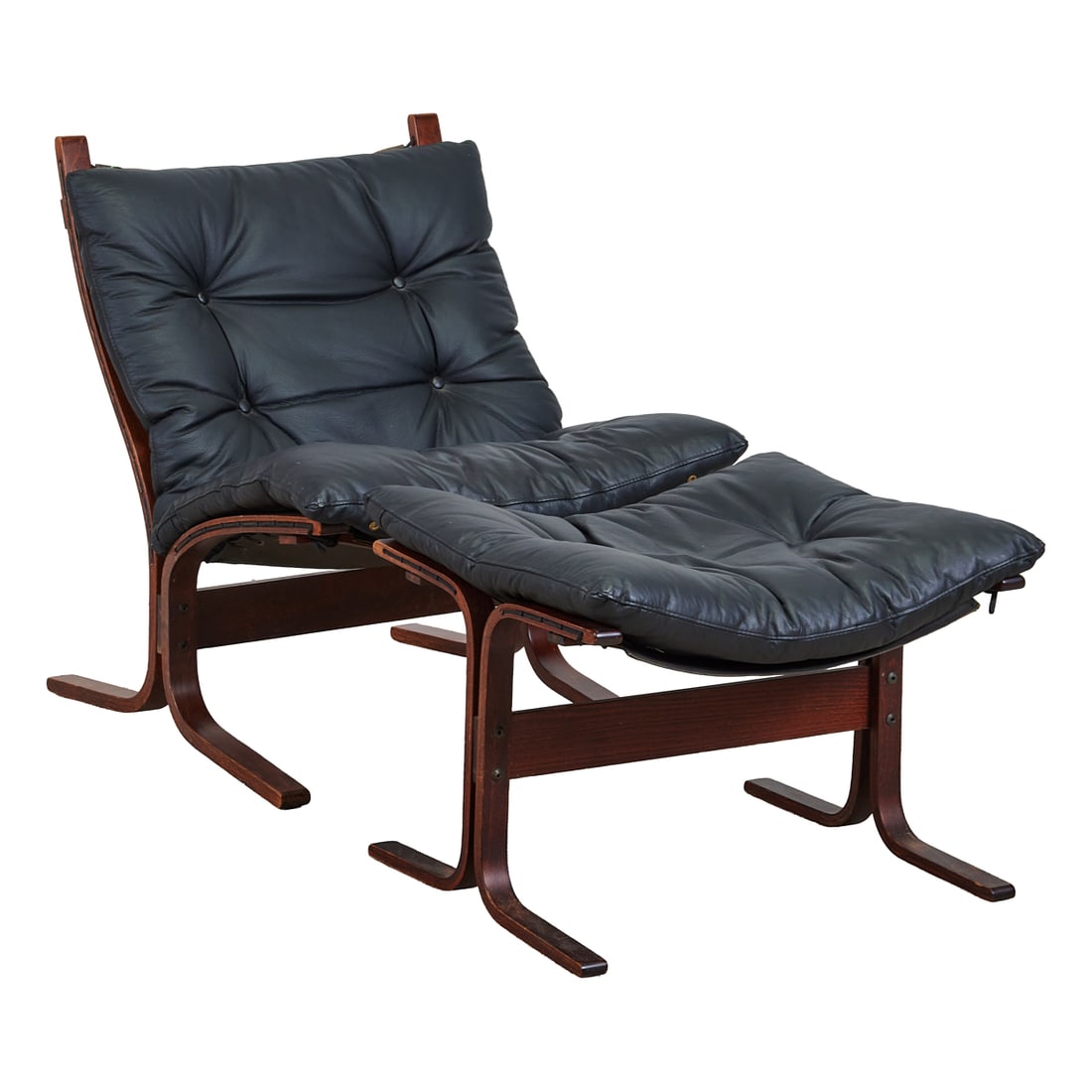 Ingmar Relling for Westnofa Siesta Chair and Ottoman, teak bentwood frames with black leather (1 of 6)