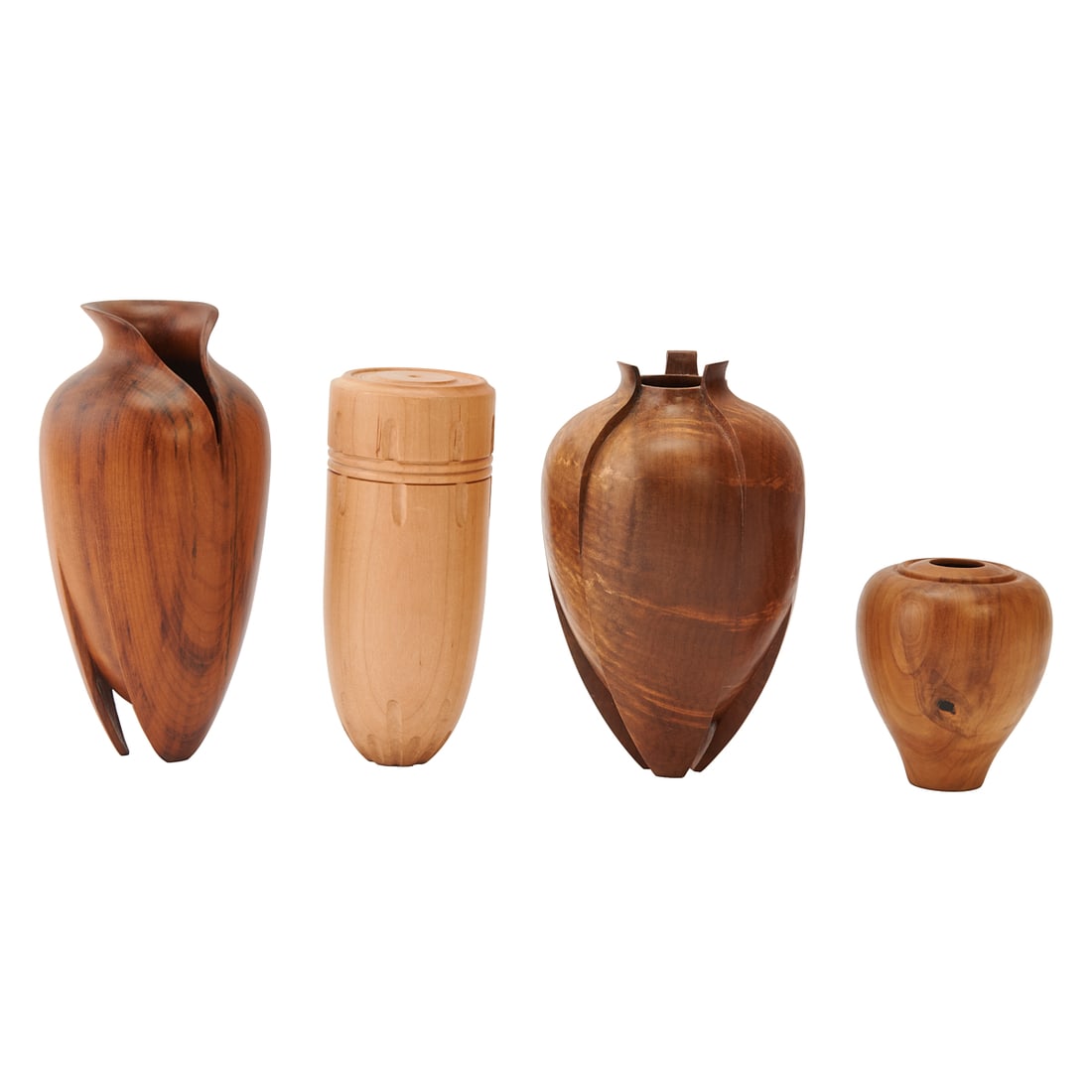 Four Brenda Behrens Turned Wood Vessels, including a myrtle carved vase, "Triple Ripples" formed as (1 of 7)