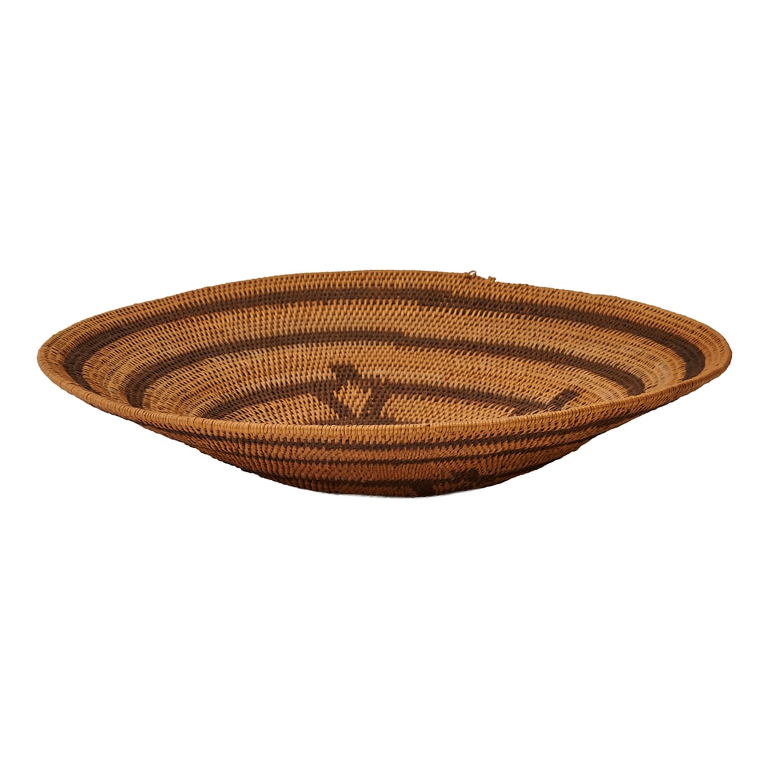 Papago Woven and Coiled Winnowing Basket, the wide shoulder with imbrecated bands in alternating: Papago Woven and Coiled Winnowing Basket, the wide shoulder with imbrecated bands in alternating colors, and with diamond motifs.{Approximate dimensions: 3 1/4" high x 14 5/8" diameter.}.