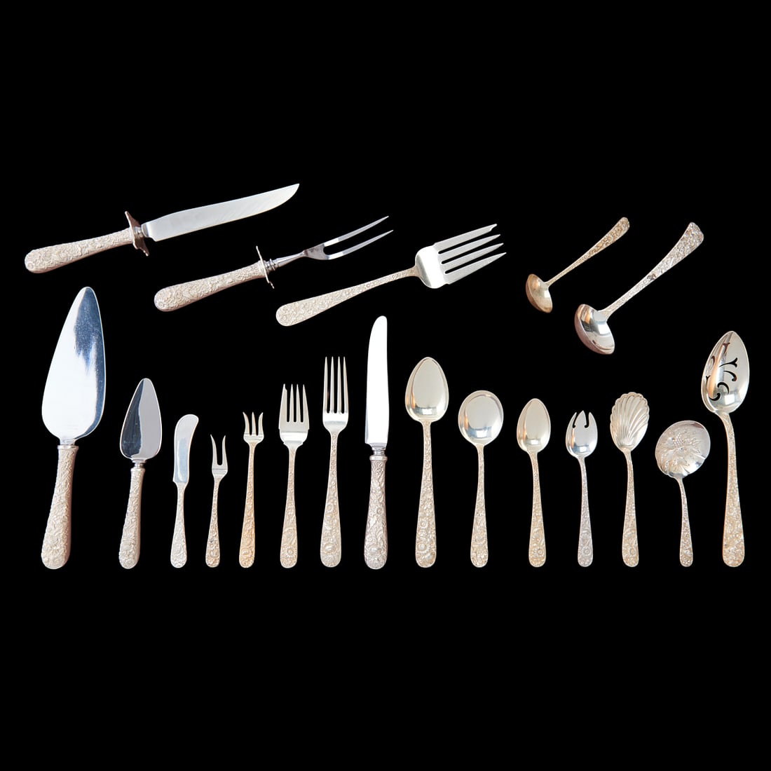 S. Kirk and Son Sterling Silver Floral Repousse Flatware Service, comprising eight dinner knives 9" (1 of 5)