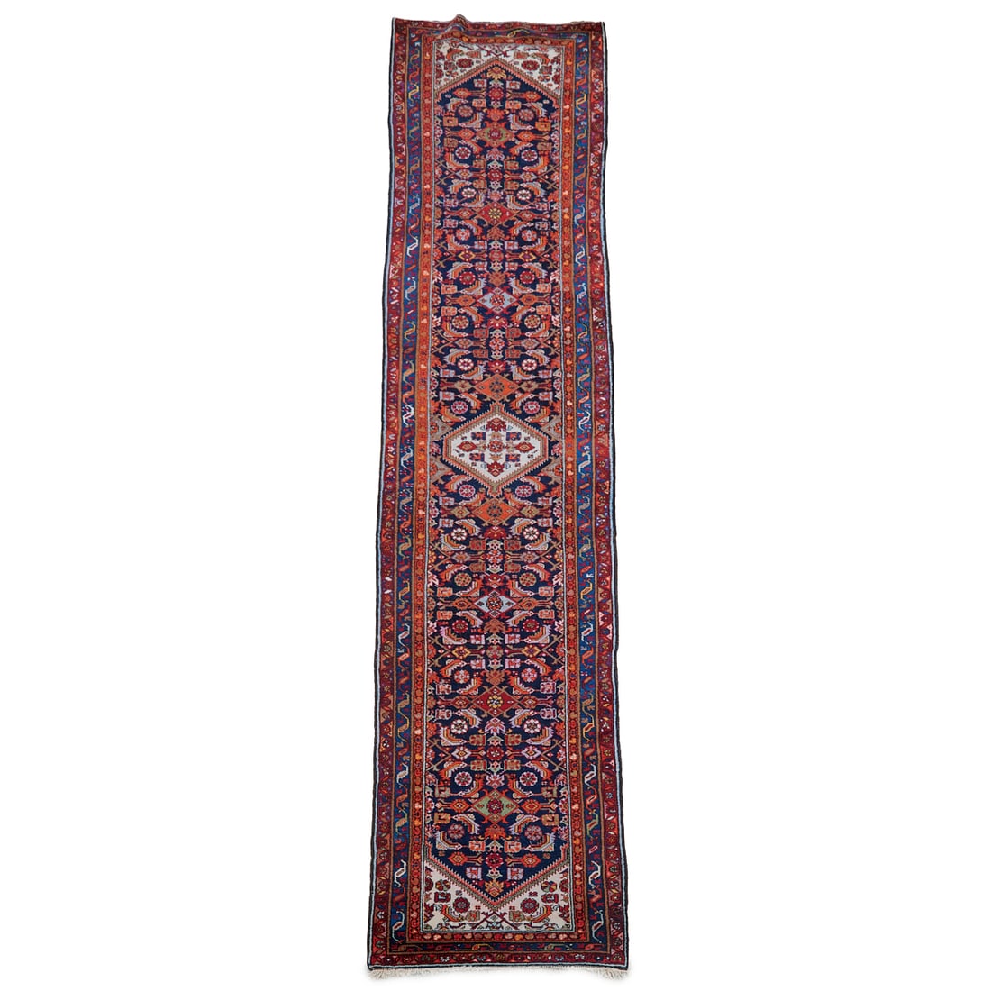 Karabagh Runner Rug, the deep blue field woven in many colored threads with dense geometric elements (1 of 3)