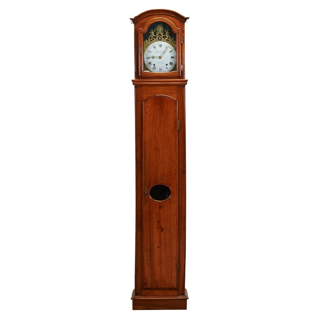 Louis XV Provincial Style Fruitwood Tall Case Clock by Tibout A Mours, the clock face inscribed (1 of 4)