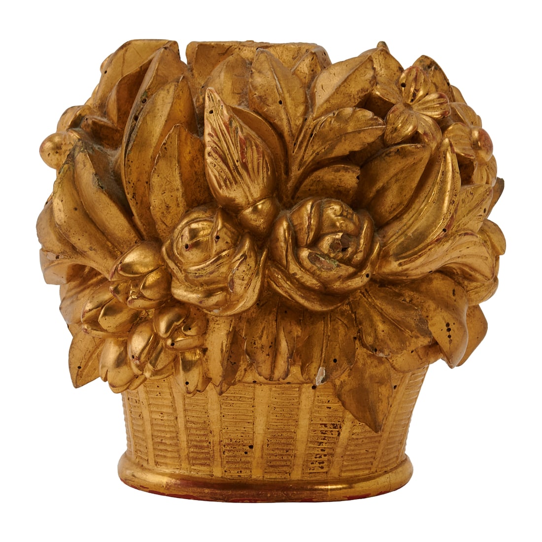 Louis XVI Style Carved Giltwood Basket of Flowers, carved in three quarter round, with ebullient and: Louis XVI Style Carved Giltwood Basket of Flowers, carved in three quarter round, with ebullient and overflowering basket, on ovate basket.{Approximate dimensions: 9" H. x 8 1/2" W.x. 5" D.}.
