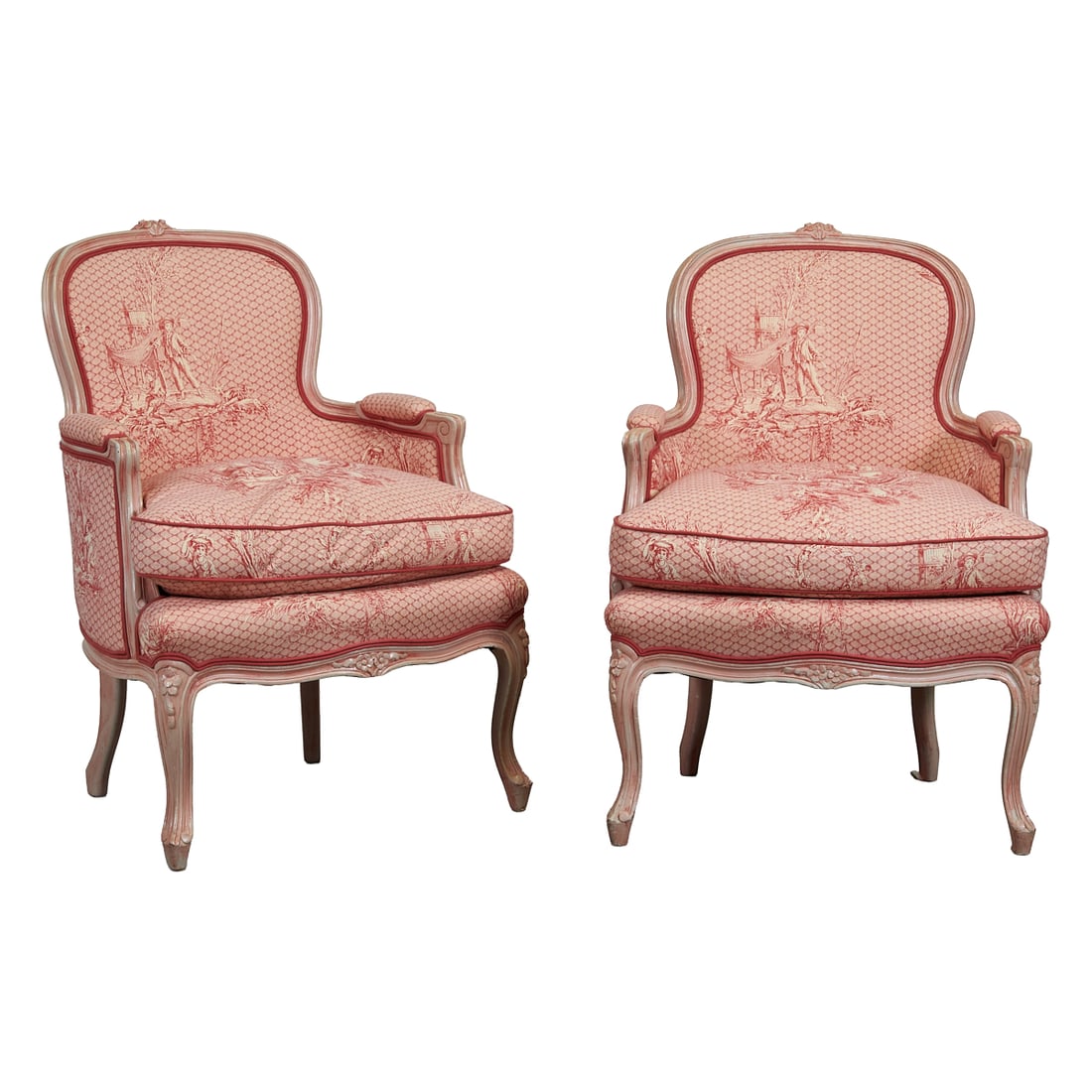 Pair of Louis XV Style Provincial Bergere Chairs, upholstered in pink printed cotton (1 of 4)