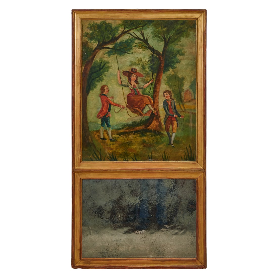 Empire Style Trumeau Mirror, the rectangular frame inset with painted in polychrome enamels with (1 of 2)