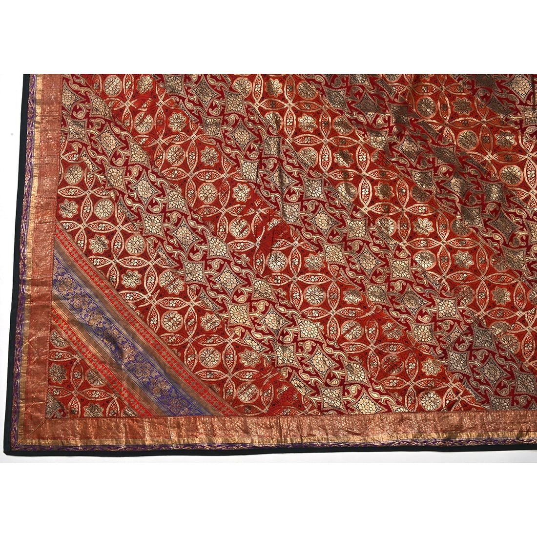 Indian Bagh Phulkari. Woven and embroidered in gold, red, purple, and black; black backing.: Indian Bagh Phulkari. Woven and embroidered in gold, red, purple, and black; black backing. {Approximate dimensions: 86" x 102".}.
