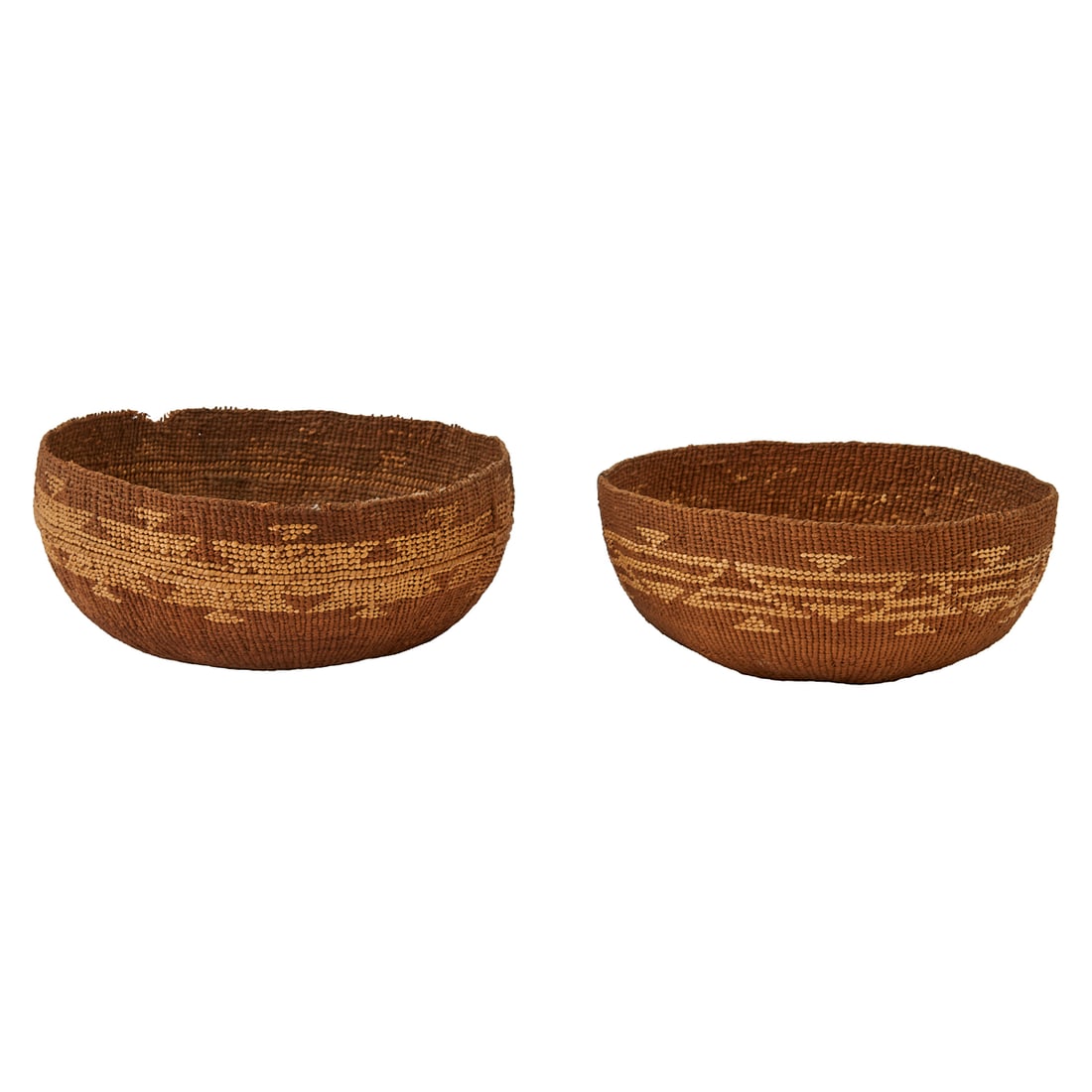 Two Hupa, Karuk or Yurok Woven Baskets, comprising two brown,bowl shaped baskets or basket hats with (1 of 5)