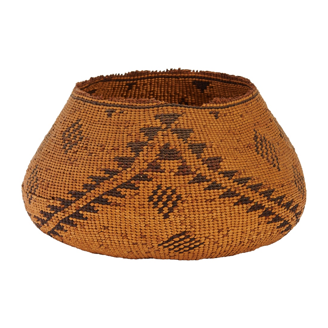 Skokomish Woven Imbricated Basket, two tone block geometric and linear band to side walls, below (1 of 4)