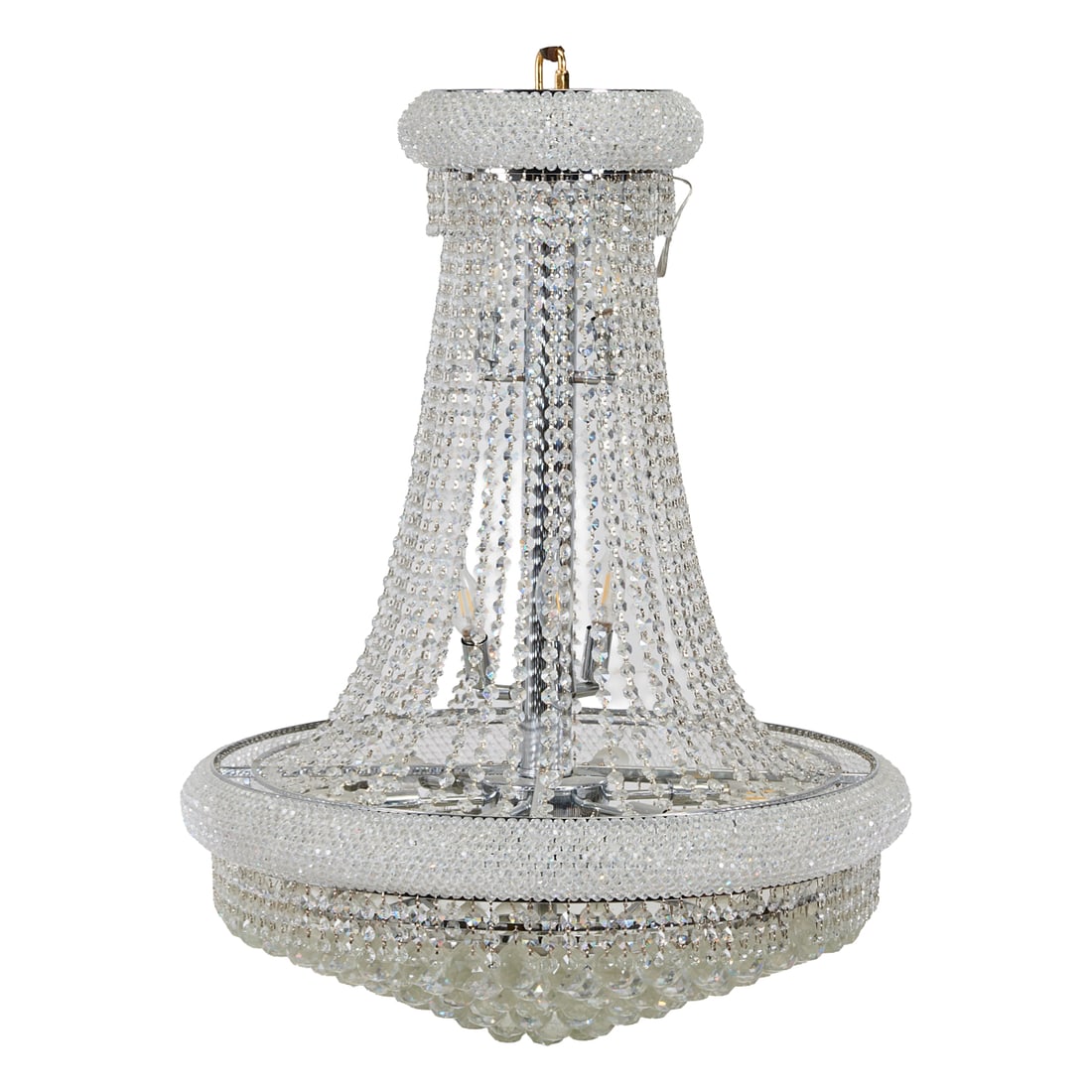 Empire Style Waterfall Chandelier, of inverted balloon profile, with ring form top, cascading: Empire Style Waterfall Chandelier, of inverted balloon profile, with ring form top, cascading strings of glass beads descending to a conforming, larger ring, inset with a band of crystals, above the b