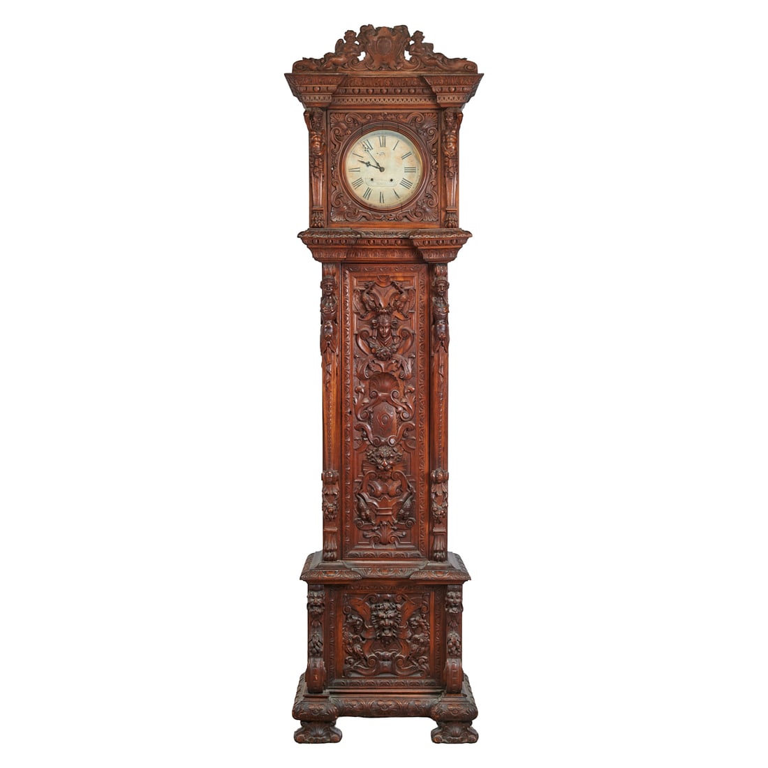 English Renaissance Revival Mahogany Tall Case Clock, the hood and case carved in high relief with (1 of 5)
