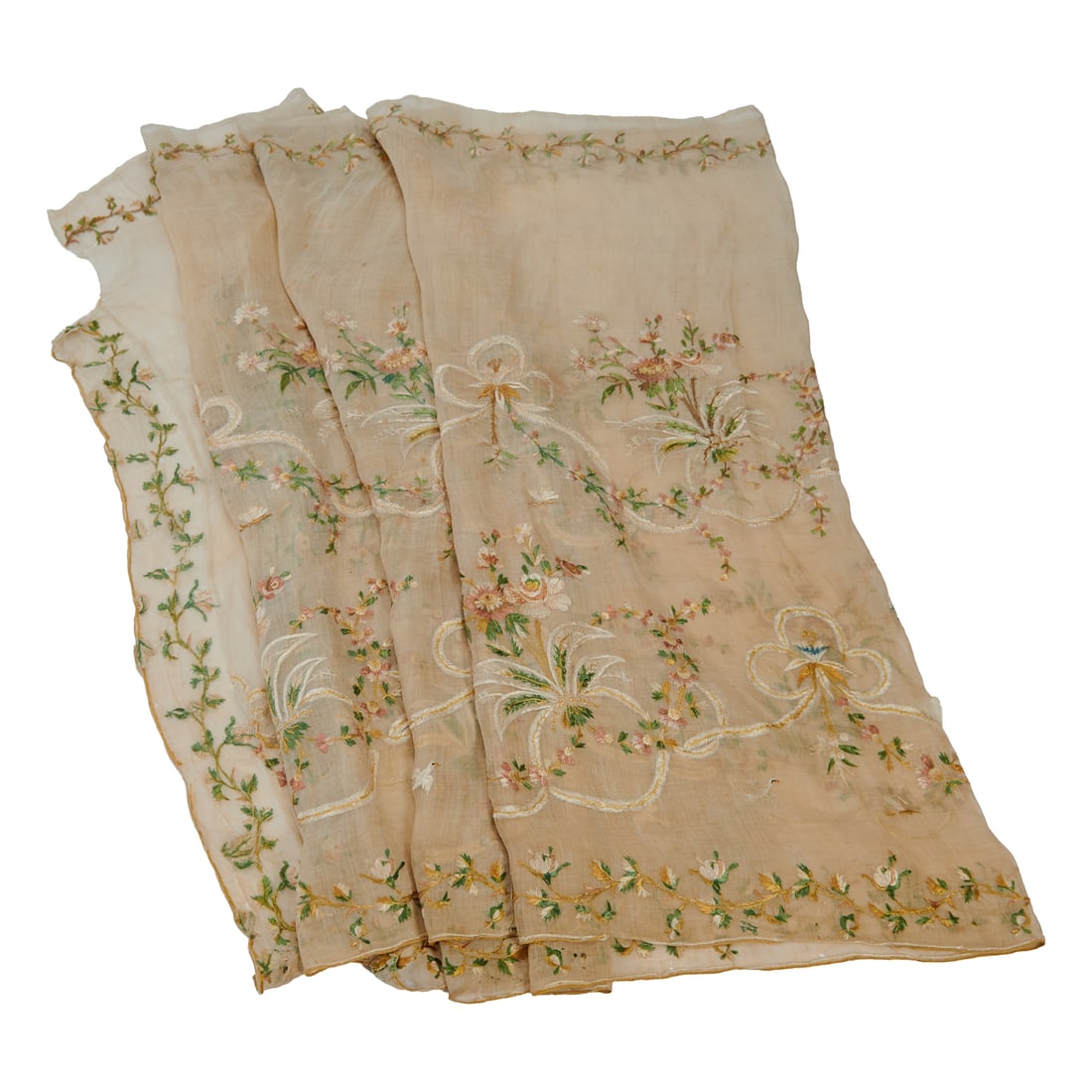 English Regency Embroidered Shawl, the fine muslin embroidered in silk threads of many colors, with (1 of 5)
