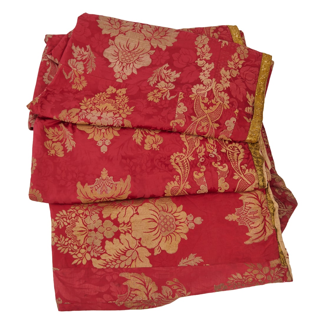 Antique Continental Silk Damask Panel Lined in Fustian, withmagenta and gold threadwoven in foliate: Antique Continental Silk Damask Panel Lined in Fustian, withmagenta and gold threadwoven in foliate and floral designs, including baskets of flowers with leaves, and garlands and feathered scrolls, wi