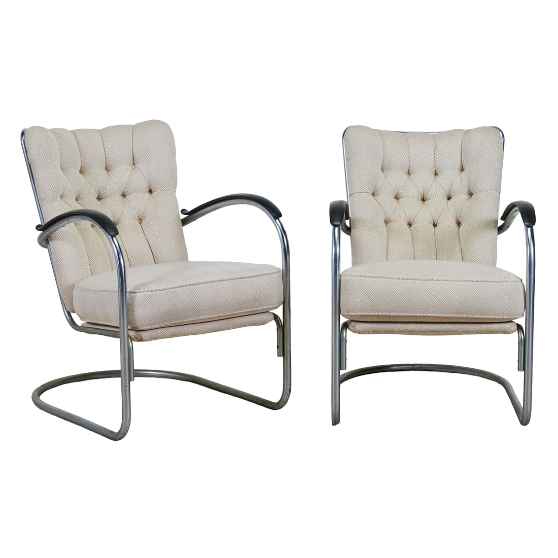 Pair of W. H. Gispen Attributed Model 412 Chrome Chairs, the tubular chrome frames encompassing: Pair of W. H. Gispen Attributed Model 412 Chrome Chairs, the tubular chrome frames encompassing angled backs, the cantilevered seats upholstered in tufted herringbone taupe and brown wool and linen, a