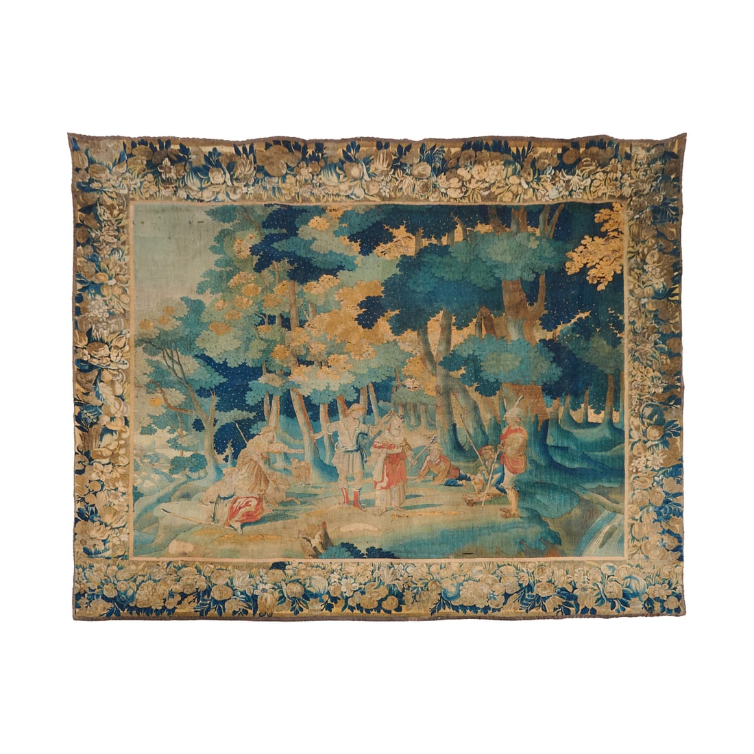 French Aubusson or Gobelins Mythological Tapestry,woven in wool, depicting a pastoral scene: French Aubusson or Gobelins Mythological Tapestry,woven in wool, depicting a pastoral scene centering a standing female with a garlandto her head, surrounded by shepherds in a lushly wooded landscape,