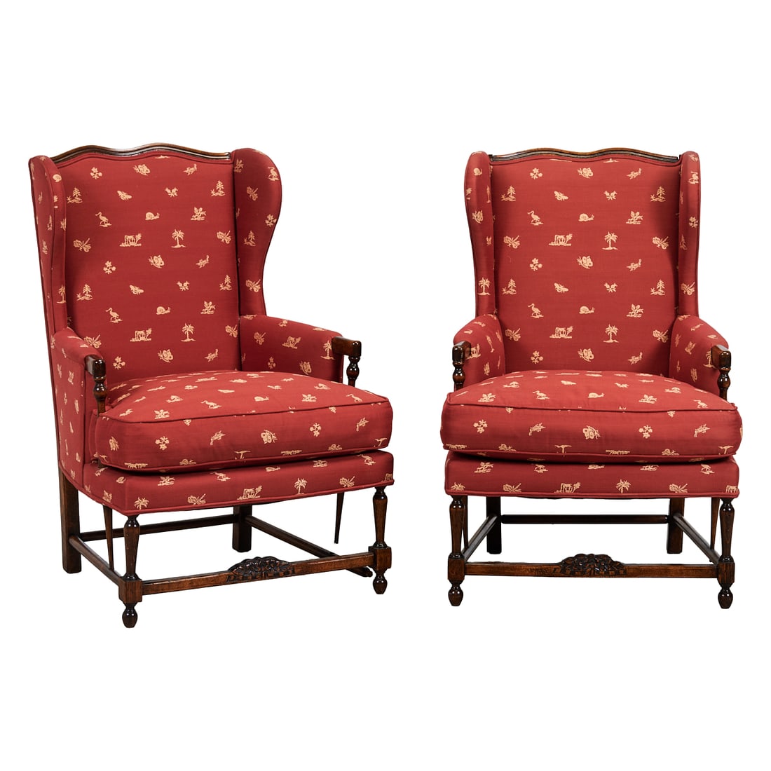 Pair of Louis XV Provincial Style Bergeres a Oreilles, with stained fruitwood frames, the backs and (1 of 4)