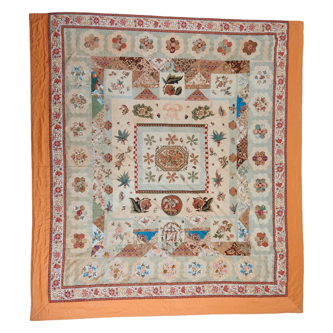 Antique English Patchwork Summer Coverlet, some of the patches or piecesutilizing copper plates, and (1 of 4)
