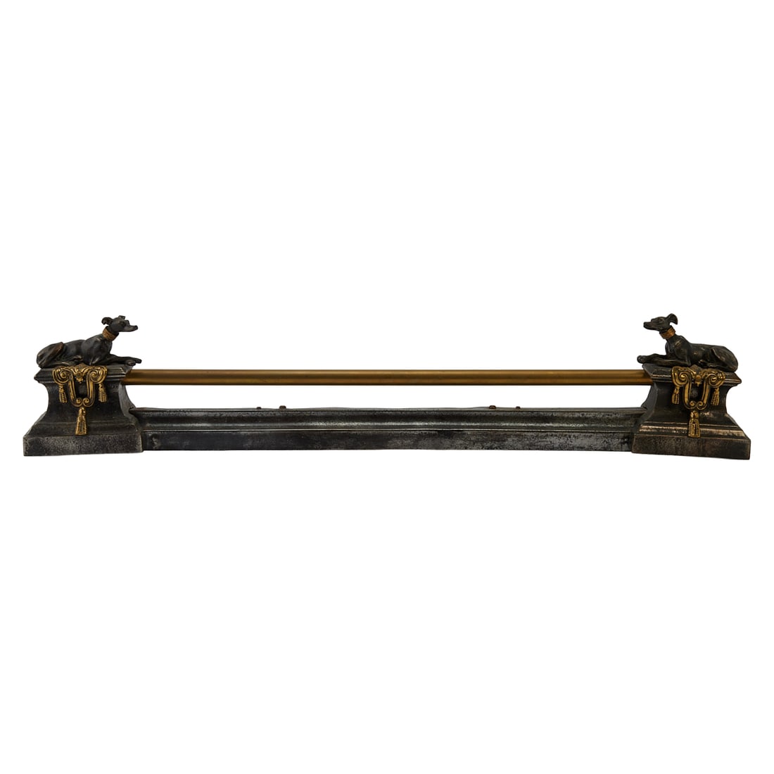Napoleon III Style Wrought Iron, Cast Iron and Brass Fire Fender, modelled with cast dogs en (1 of 4)
