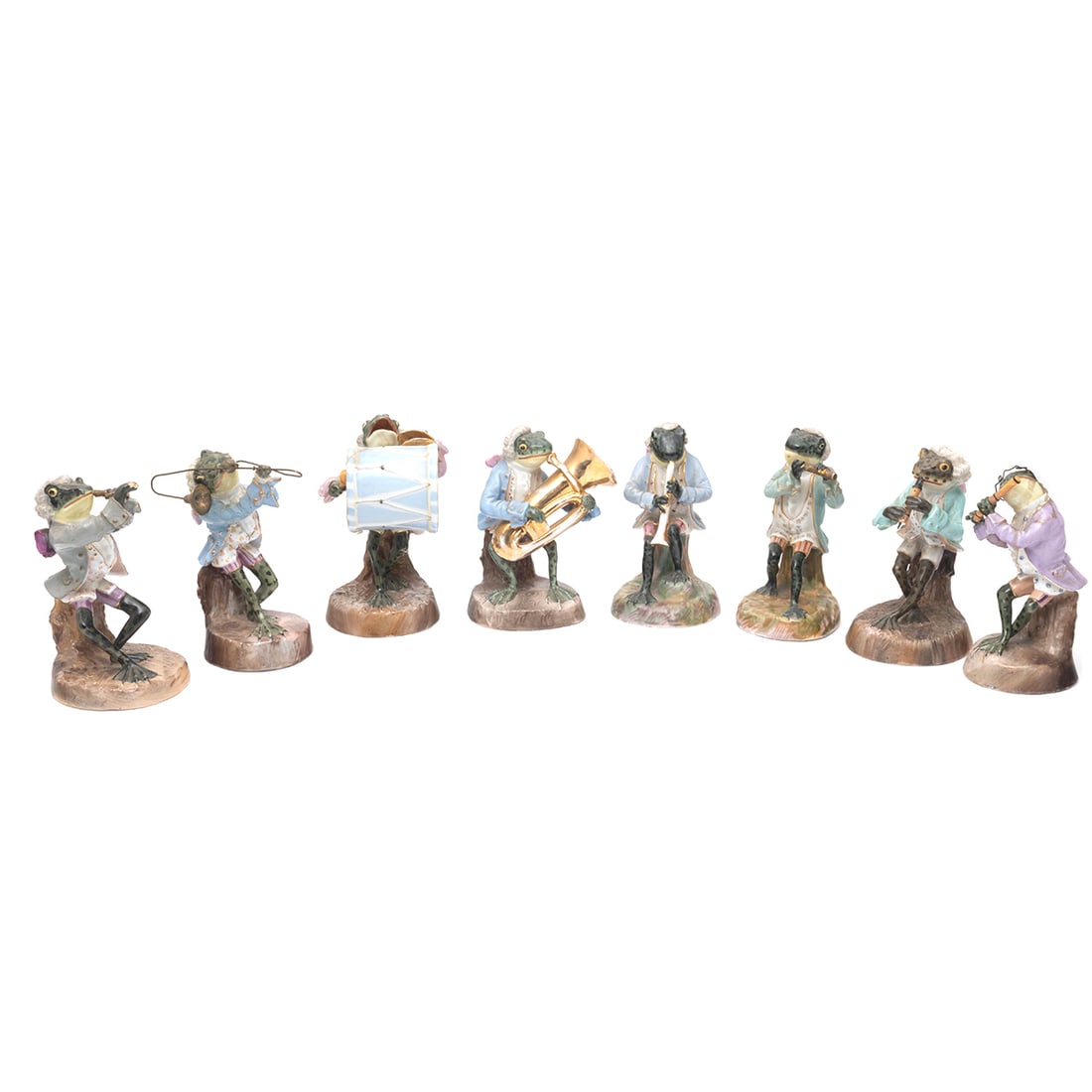 Eight Piece Porcelain Frog Orchestra. Six frogs playing: wind instruments and drum, plus a frog (1 of 3)