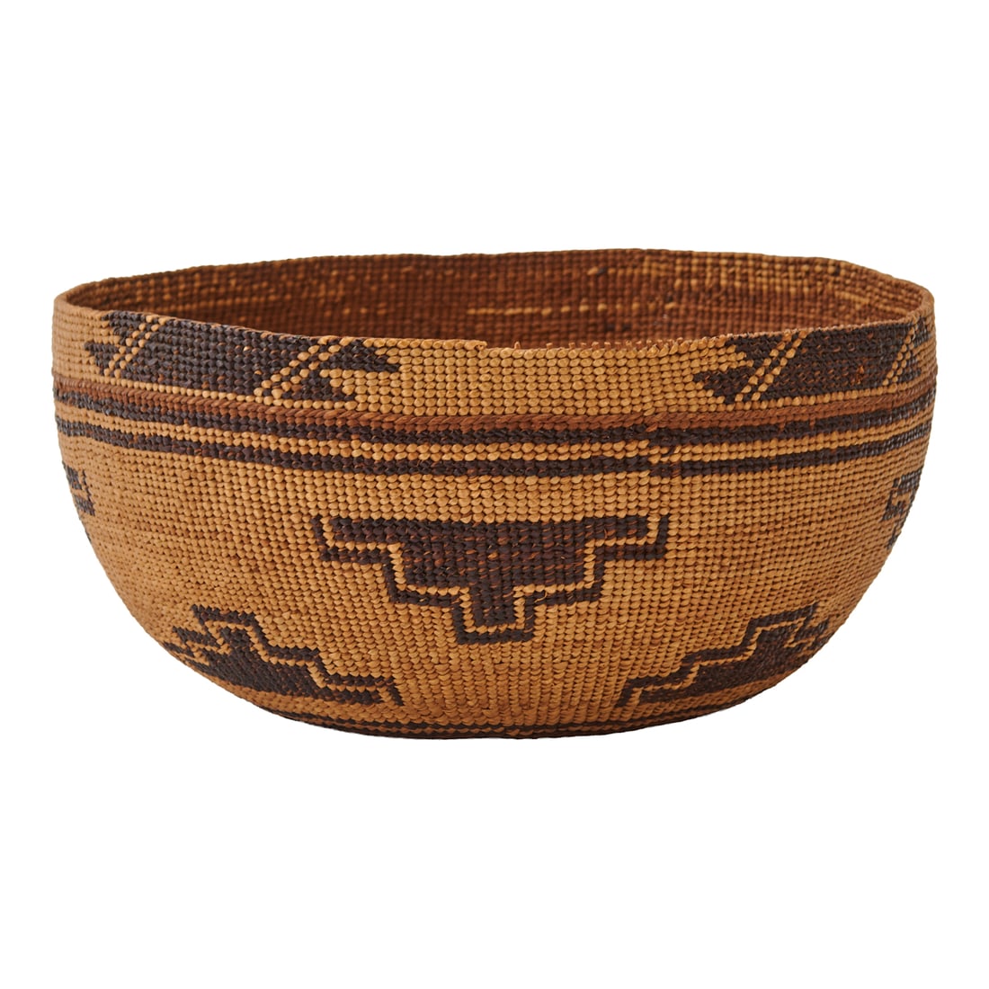Pima Woven Basket Hat, the squatbasket woven and coiled with stepped motif and narrow bandeddesign. (1 of 3)