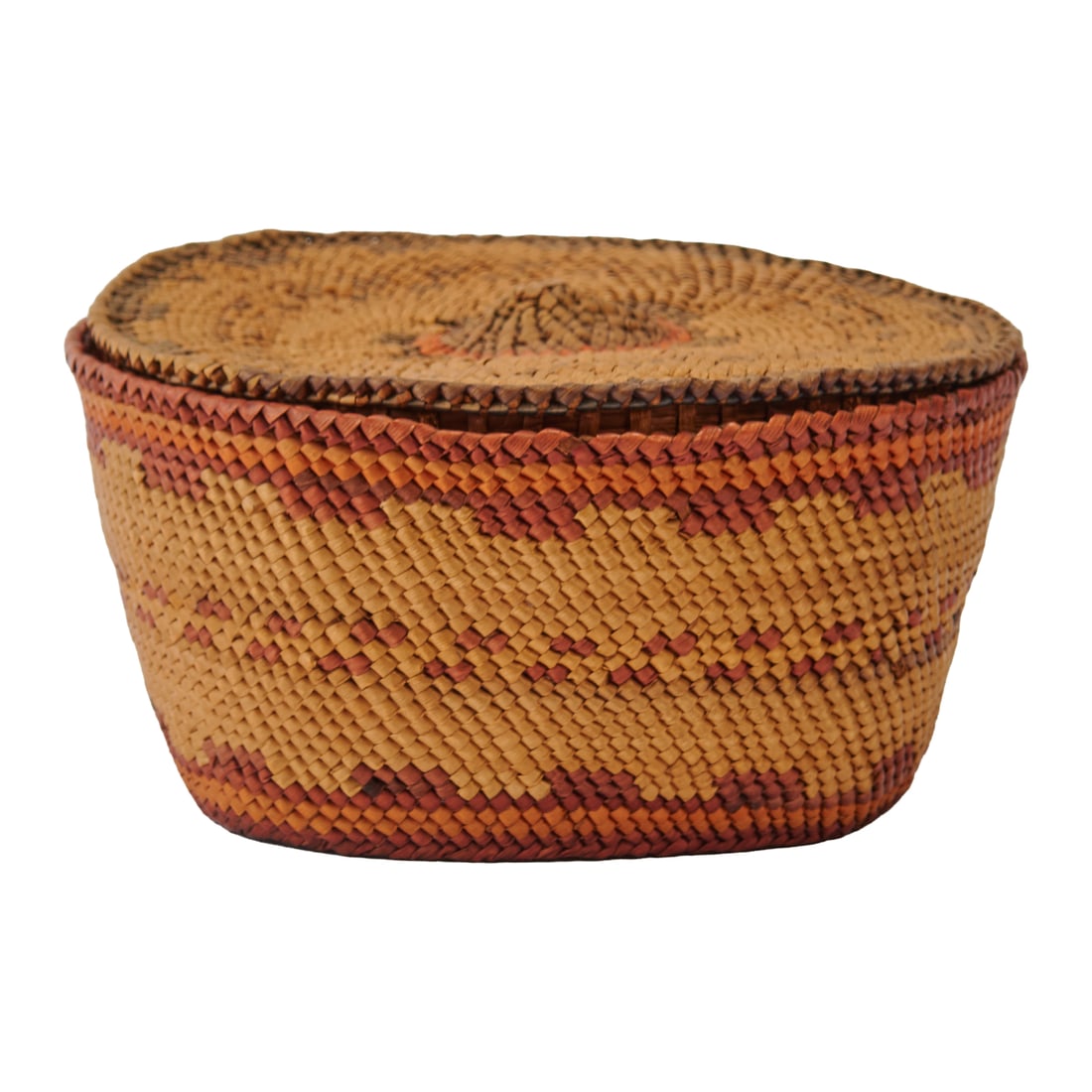 Makah Woven Lidded Basket, comprising bulbous basket with stepped geometric motif, several raised,: Makah Woven Lidded Basket, comprising bulbous basket with stepped geometric motif, several raised, striped bands to lower body, rim and base border, and lid with multi-tonal bands and peaked medallion