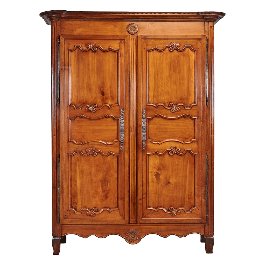 Louis XV Provincial Style Carved Walnut Armoire, the flat top over front, carvedwith sunflower to (1 of 5)