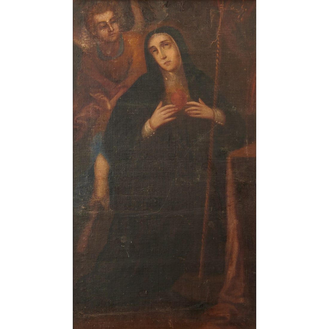 Spanish Colonial School (19th century),"Virgin Mary with an Angel,"oil on canvas, lined,[approximate: Spanish Colonial School (19th century),"Virgin Mary with an Angel,"oil on canvas, lined,[approximate dimensions - sight: 43 1/2" H x 24 1/2" W], unsigned.
