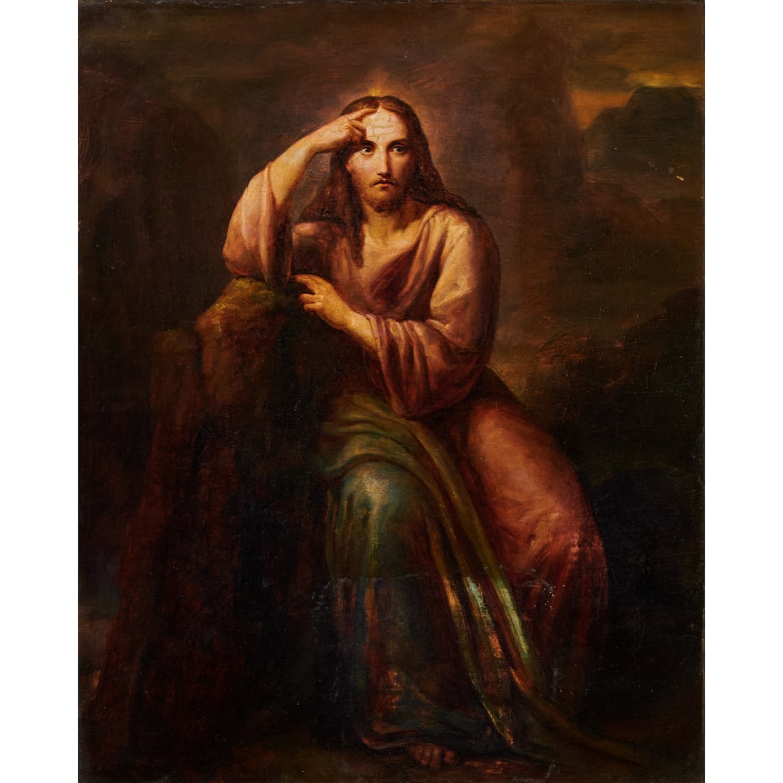 Wilhelm Hensel (German, 1794-1861), "Christ in Gethsemane," oil on lined canvas,: Wilhelm Hensel (German, 1794-1861), "Christ in Gethsemane," oil on lined canvas, [approximatedimensions - sight: 14 3/4" Hx 12" W],signed and dated middle right 'W Hensel 1807.'Several labels and sten