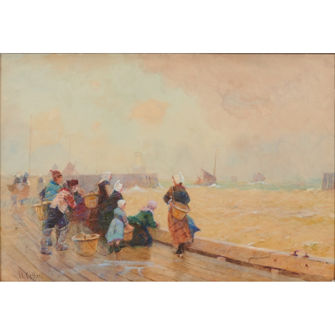 Hector Caffieri (British, 1847-1932), Waiting on the Quayside, watercolor on board, [approximate: Hector Caffieri (British, 1847-1932), Waiting on the Quayside, watercolor on board, [approximate dimensions - sight: 14" H x 20 3/4" W], signed 'H Caffieri' at lower left.