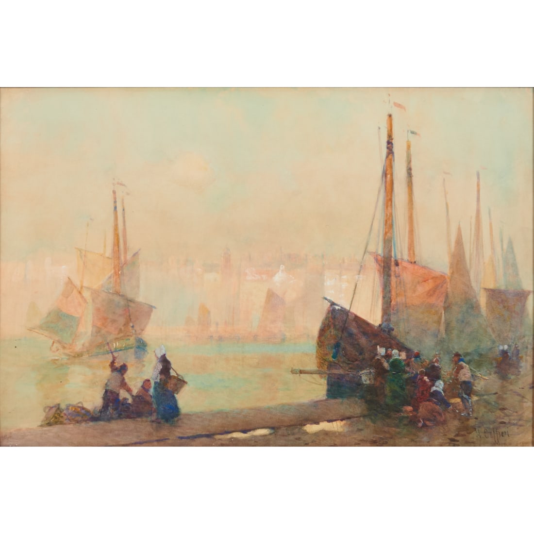 Hector Caffieri (British, 1847-1932), Unloading A Catch, watercolor on board, [approximate: Hector Caffieri (British, 1847-1932), Unloading A Catch, watercolor on board, [approximate dimensions - sight: 14" H x 20 3/4" W], signed 'H Caffieri' at lower right.
