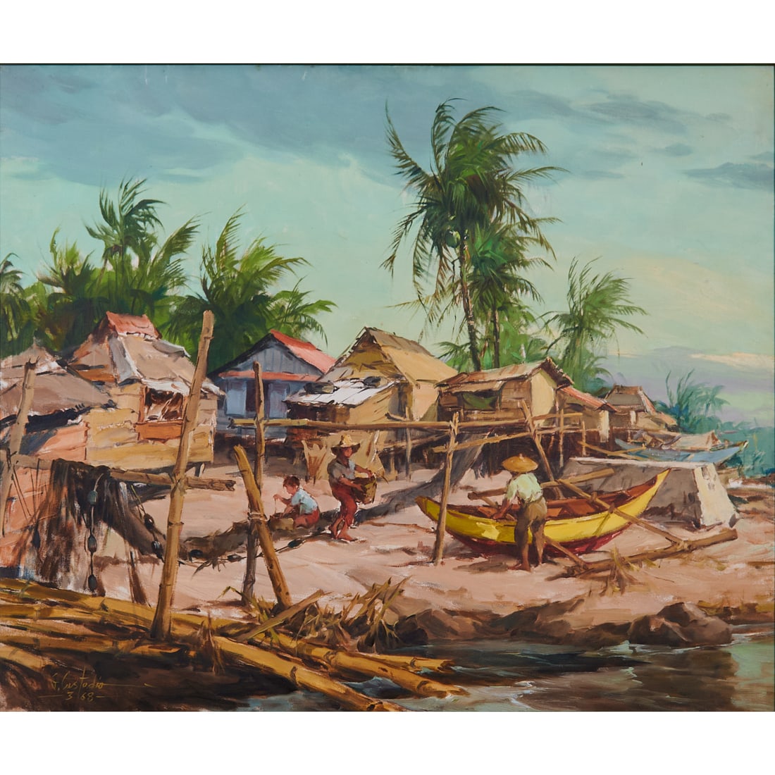 Gabriel Custodio (Filipino, 1912-1993), Dalahican, Cavite,[A Village Scene],1968, oil on canvas: Gabriel Custodio (Filipino, 1912-1993), Dalahican, Cavite,[A Village Scene],1968, oil on canvas board, [approximate dimensions - sight: 30" H x 36" W], signed 'G. Custodio' and dated '3/68' at lower l