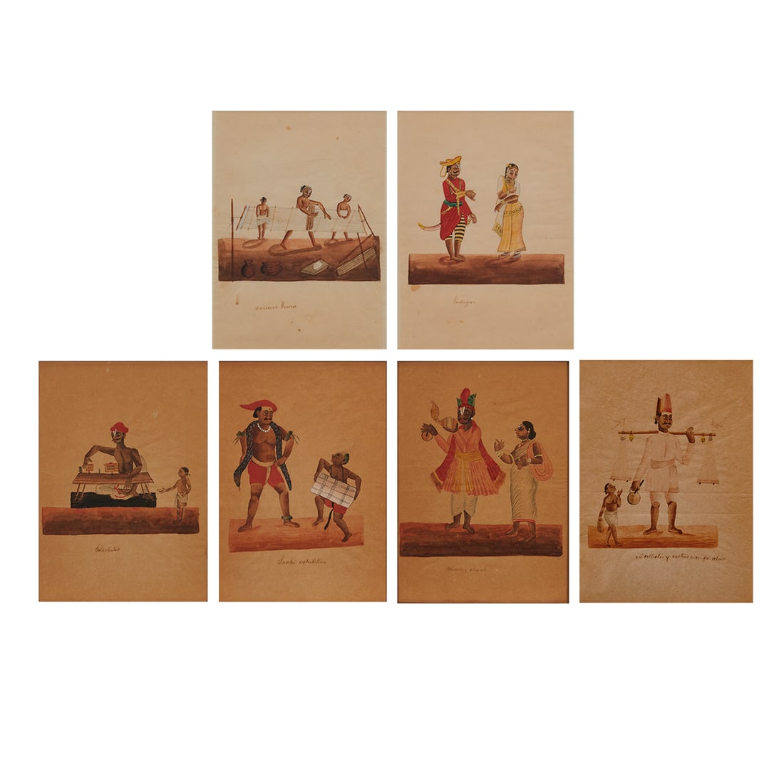 Southwest Indian School (20th Century), Collection of six watercolors on paper of Vadugans and their: Southwest Indian School (20th Century), Collection of six watercolors on paper of Vadugans and their professions, including(i) "Weavers," (ii) "Vadugan," (iii) "Gold Threads," (iv) "Snake Exhibition,"