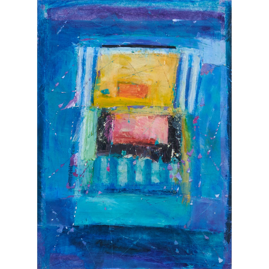 Carolyn Cole (American, born 1961),Abstract in Blues, Yellow, and Pink, mixed media on paper,: Carolyn Cole (American, born 1961),Abstract in Blues, Yellow, and Pink, mixed media on paper, [approximate dimensions - sight: 21 3/4" H x 15 3/4" W], signed 'C. Cole' at lower right. Postcard from ar
