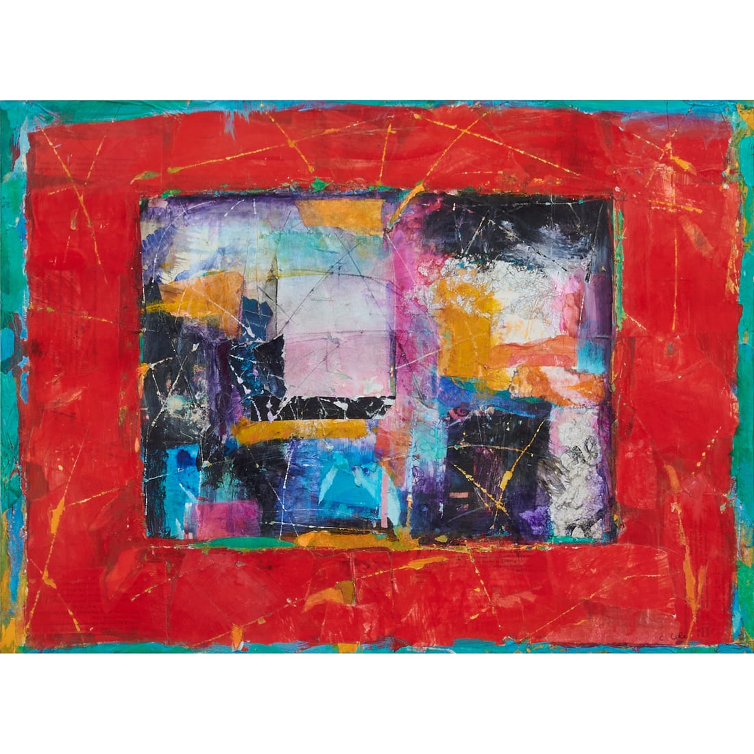 Carolyn Cole (American, born 1961), Abstract in Reds, mixed media and collage on paper, [approximate: Carolyn Cole (American, born 1961), Abstract in Reds, mixed media and collage on paper, [approximate dimensions - sight: 15 5/8" H x 21 1/4" W], signed 'C. Cole' at lower right.