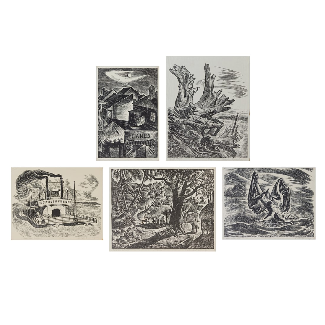 Charles Frederick Surendorf (American, 1906-1979),five linocuts, consisting of two New Orleans, two: Charles Frederick Surendorf (American, 1906-1979),five linocuts, consisting of two New Orleans, two Tahiti, and another; (i) "Night in New Orleans," 1949, edition of 100, plate: 12" H x 8" W, sheet: 1