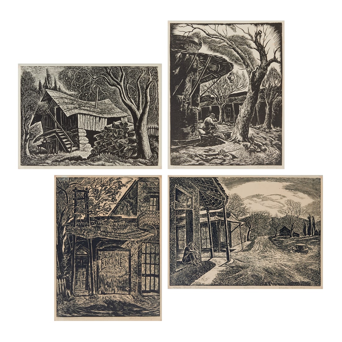 Charles Frederick Surendorf (American, 1906-1979),four linocuts of Colombia. The group consisting: Charles Frederick Surendorf (American, 1906-1979),four linocuts of Colombia. The group consisting of(i)"Miner's Cabin, Colombia," edition of 100, plate: 10 1/8" H x 14" W, sheet: 12 3/8" H x 15 1/2" W