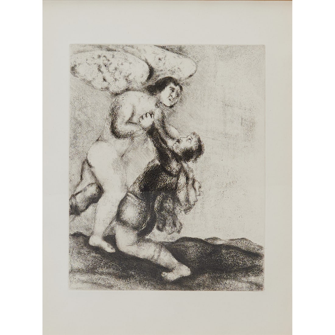 Marc Chagall (Russian, 1887-1985), "Wrestling With The Angel," #16in the "Bible" suite from 1956,: Marc Chagall (Russian, 1887-1985), "Wrestling With The Angel," #16in the "Bible" suite from 1956, total edition of 395; etching; [approximate dimensions - plate: 11 1/2" H x 9 1/4" W], signed in the p