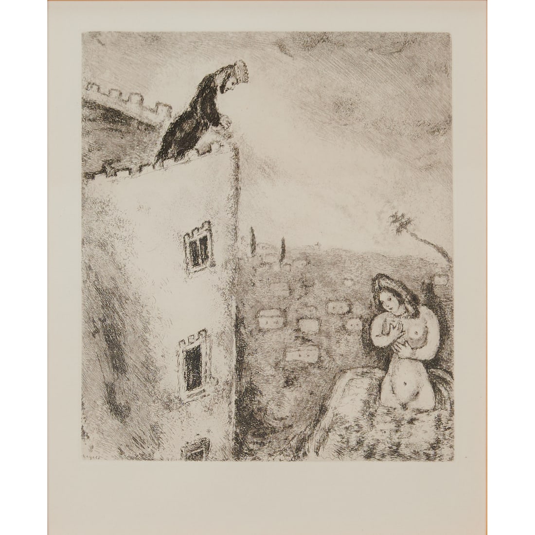 Marc Chagall (Russian, 1887-1985), "David and Bathsheba," #69in the"Bible" suite from 1956, total: Marc Chagall (Russian, 1887-1985), "David and Bathsheba," #69in the"Bible" suite from 1956, total edition of 395, etching,[approximate dimensions - plate: 11" H x 9 3/4" W], signed in plate at lower l