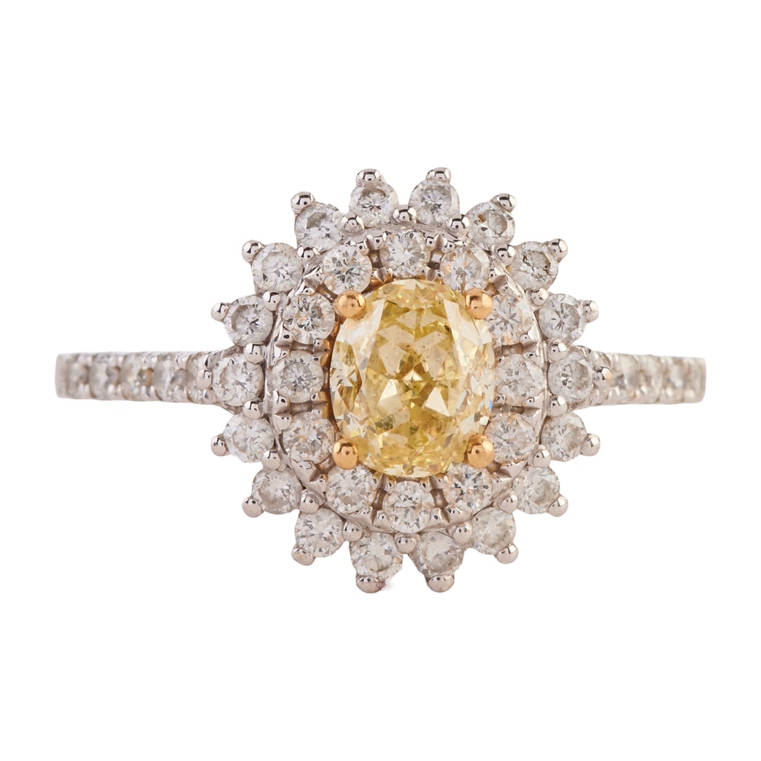 Yellow Diamond, Diamond, 18k White Gold Ring. Centering one oval-cut yellow diamond weighing (1 of 4)