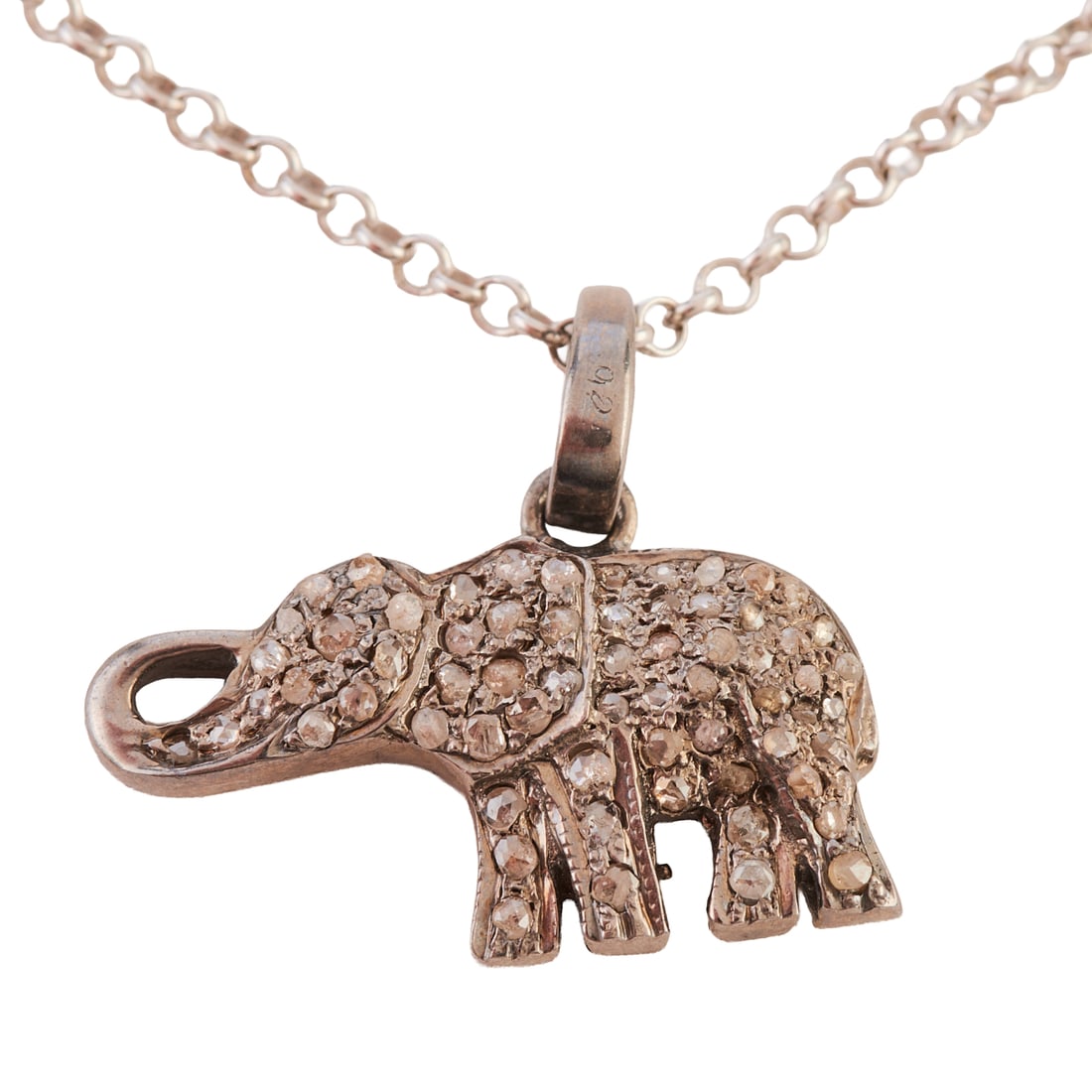Diamond, Oxidized Silver Elephant Necklace. Designed as an elephant featuring rose-cut diamonds: Diamond, Oxidized Silver Elephant Necklace. Designed as an elephant featuring rose-cut diamonds throughout, set in an oxidized silver mounting measuring approximately 12 x 23 mm, suspended from asilve