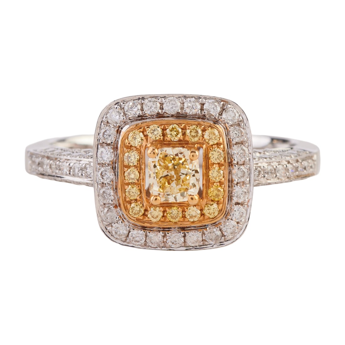 Yellow Diamond, Diamond, 14k Yellow and White Gold Ring. Featuring one radiant-cut yellow diamond: Yellow Diamond, Diamond, 14k Yellow and White Gold Ring. Featuring one radiant-cut yellow diamond weighing approximately 0.18 ct., accented by full-cut yellow and near colorless diamonds, set in a 14k
