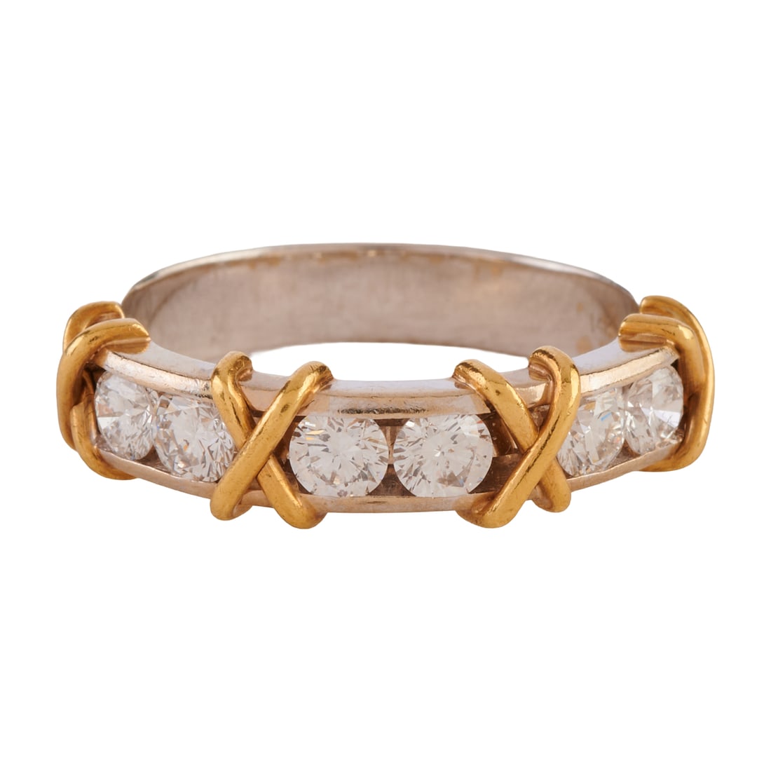 Diamond, 18k, 14k Yellow and White Gold Ring. Featuring six round brilliant-cut diamonds weighing a (1 of 5)