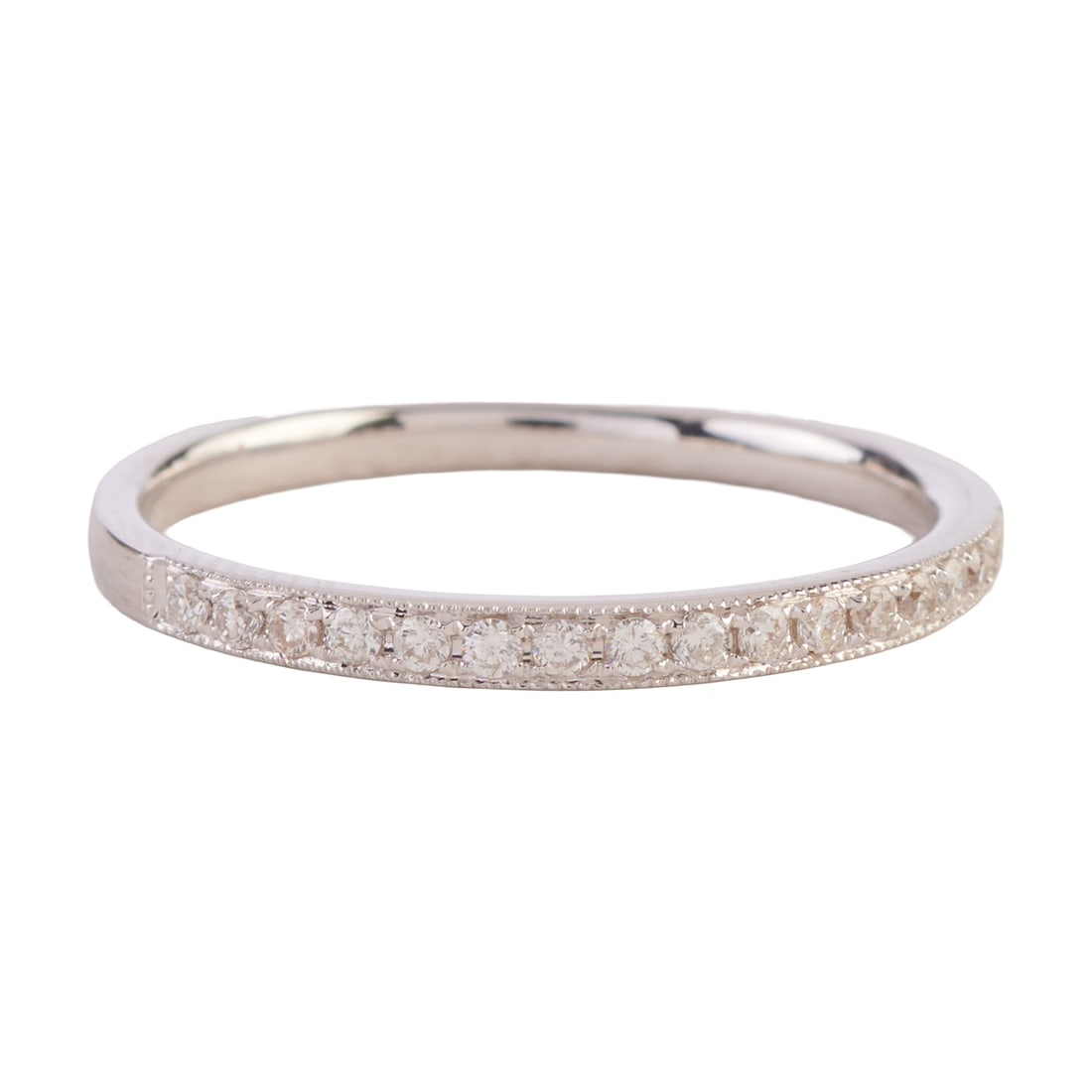 Diamond, 18k White Gold Band. Featuring full-cut diamonds weighing a total of approximately 0.15: Diamond, 18k White Gold Band. Featuring full-cut diamonds weighing a total of approximately 0.15 cttw., set in an 18k white gold mounting measuring approximately 2 mm in width. {Size: 7, Gross Weight: