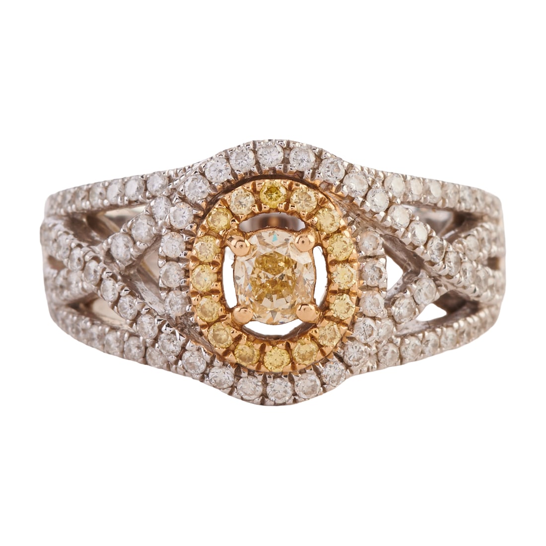 Yellow Diamond, Diamond, 14k Gold Ring. Featuring one oval-cut yellow diamond weighing approximately: Yellow Diamond, Diamond, 14k Gold Ring. Featuring one oval-cut yellow diamond weighing approximately 0.15 ct., accented by full-cut yellow and near colorless diamonds weighing a total of approximately
