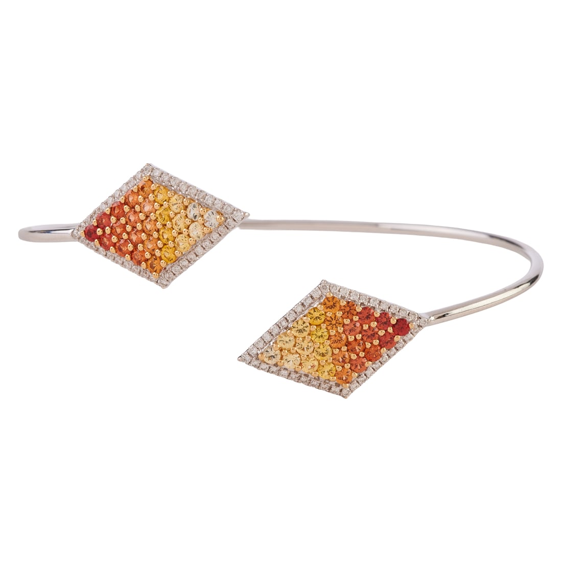 Multicolored Sapphire, Diamond, 18k White Gold Bracelet. Featuring fifty round-cut orange to yellow: Multicolored Sapphire, Diamond, 18k White Gold Bracelet. Featuring fifty round-cut orange to yellow sapphires weighing a total of approximately 1.95 cttw., accented by eighty round-cut diamonds weighi