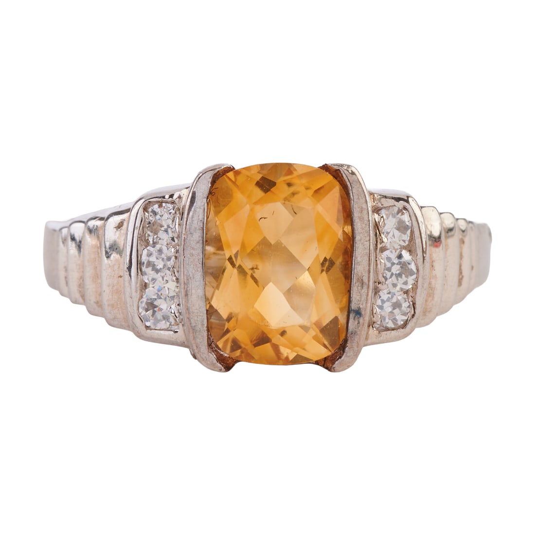 Citrine, Diamond, Sterling Silver Ring. Featuring one rectangular cushion-cut citrine weighing: Citrine, Diamond, Sterling Silver Ring. Featuring one rectangular cushion-cut citrine weighing approximately 4.00 cts., accented by six full-cut diamonds weighing a total of approximately 0.30 cttw., 