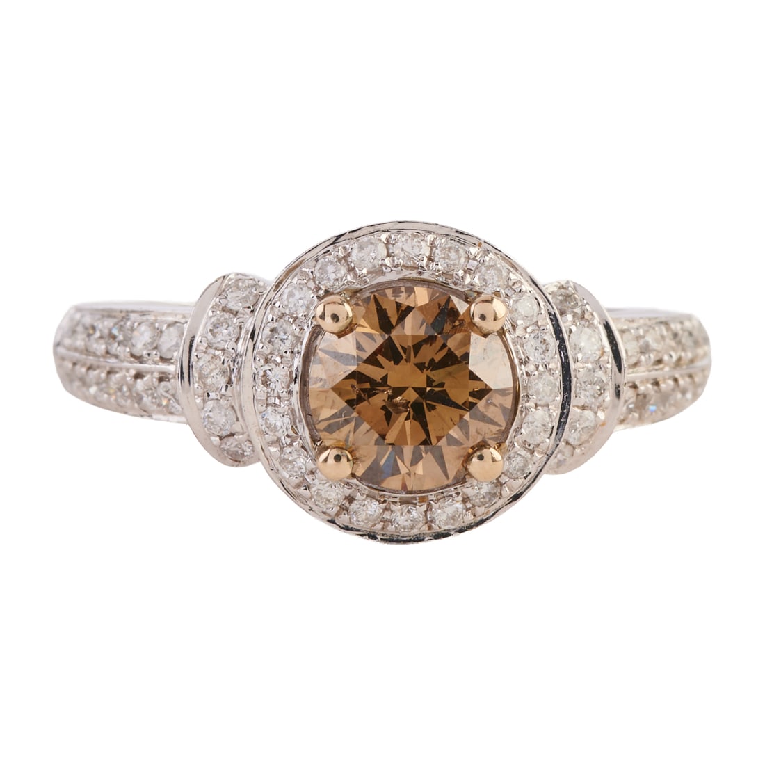 Brown Diamond, Diamond, 14k White Gold Ring. Featuring one round brilliant-cut brown diamond: Brown Diamond, Diamond, 14k White Gold Ring. Featuring one round brilliant-cut brown diamond weighing approximately 0.89 ct., accented by full-cut diamonds, set in a 14k white gold mounting. {Size: 7,