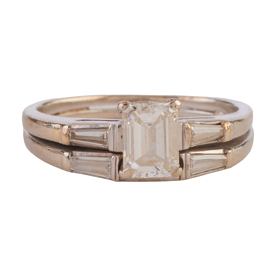 Diamond, 14k White Gold Wedding Ring Set. Featuring one emerald-cut diamond weighing approximately (1 of 4)