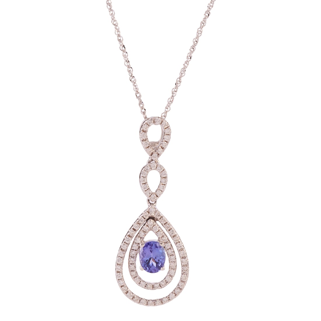 Tanzanite, Diamond, 14k White Gold Pendant Necklace. Featuring one oval-cut tanzanite weighing: Tanzanite, Diamond, 14k White Gold Pendant Necklace. Featuring one oval-cut tanzanite weighing approximately 0.40 ct., accented by full-cut diamonds weighing a total of approximately 0.35 cttw., set i