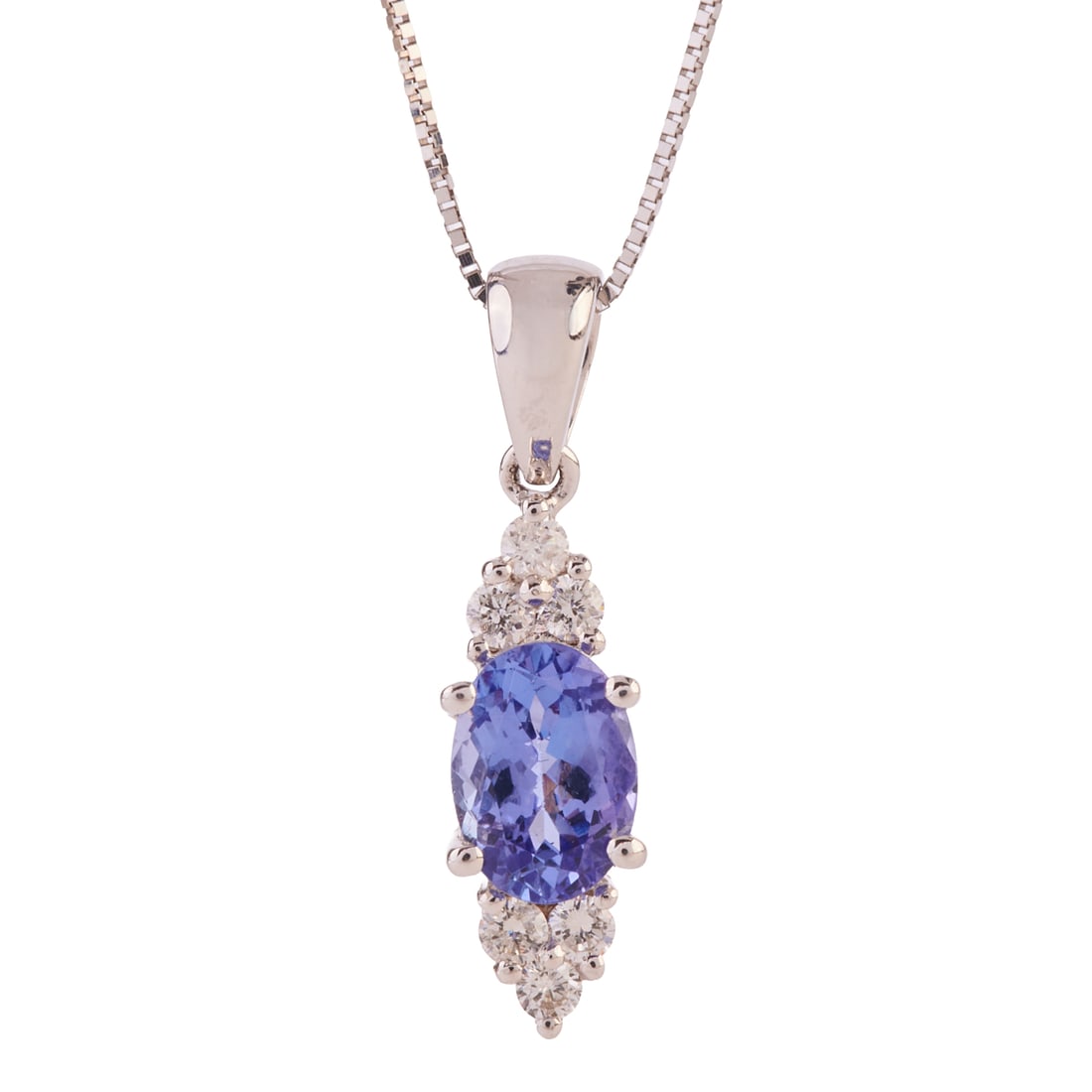 Tanzanite, Diamond, 14k White Gold Pendant Necklace. Featuring one oval-cut tanzanite weighing: Tanzanite, Diamond, 14k White Gold Pendant Necklace. Featuring one oval-cut tanzanite weighing approximately 0.80 ct., accented by six full-cut diamonds weighing a total of approximately 0.20 cttw., s